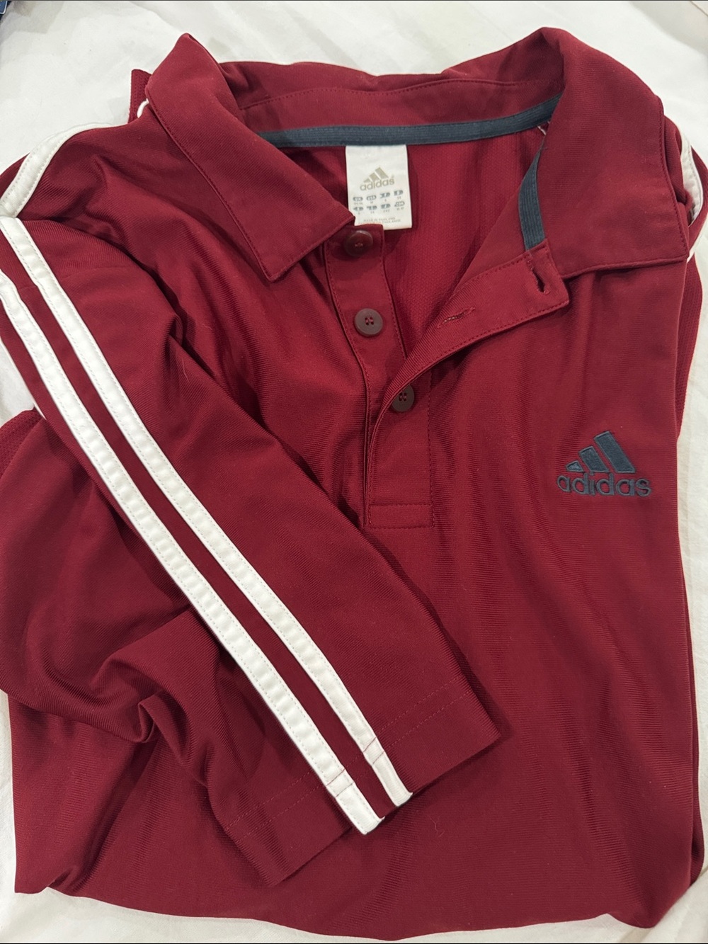 adidas Maroon Dryfit Polo with White Shoulder Stripes and navy logo